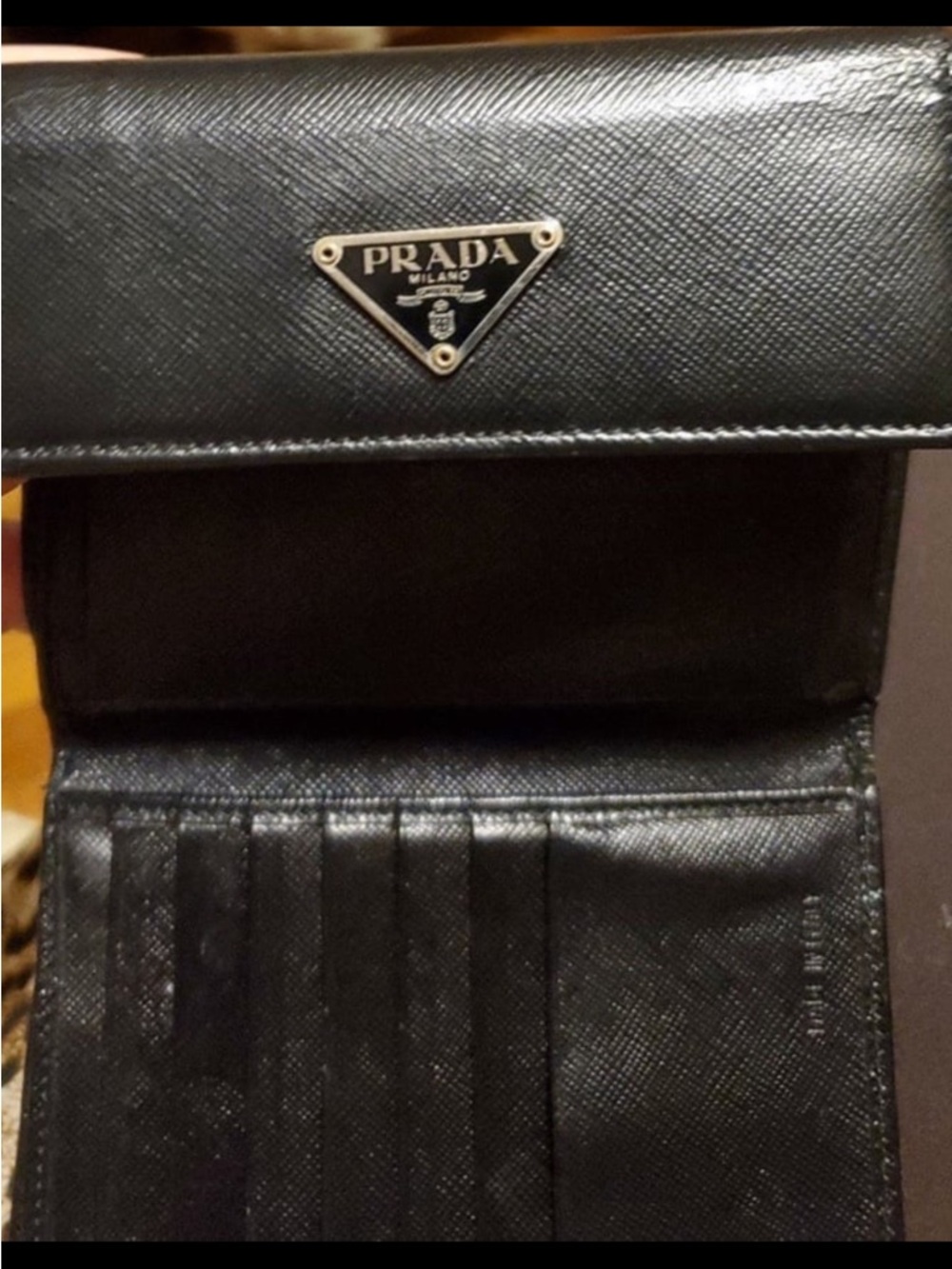 Prada Black Saffiano Leather Compact Card Holder with Triangle Logo
